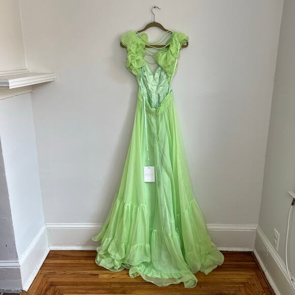 NEW Mac Duggal Mint Green Ruffle Tiered Cut-Out Chiffon Gown Dress 2 Style 67911 - Picture 9 of 16